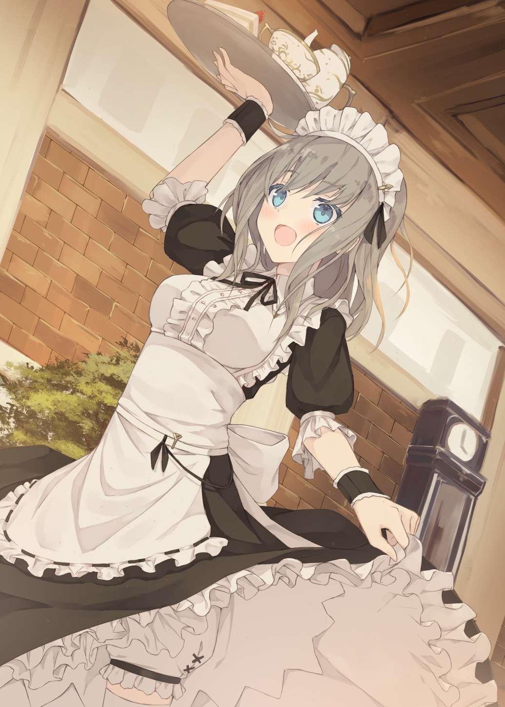 1girl :d apron arm_up bangs black_dress black_ribbon blue_eyes blush breasts brick_wall clock commentary_request cup dress dutch_angle eyebrows_visible_through_hair food frilled_apron frilled_dress frills highres holding holding_tray indoors maid_apron maid_headdress medium_breasts nagishiro_mito open_mouth original puffy_short_sleeves puffy_sleeves ribbon ribbon-trimmed_apron ribbon_trim short_sleeves silver_hair skirt_hold smile solo standing strawberry_shortcake teacup teapot tray white_apron white_legwear