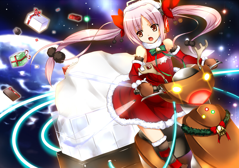 bare_shoulders bell boots bow brown_eyes child christmas detached_sleeves gift hair_bow headphones koi koi_(koisan) motor_vehicle original pink_hair sack santa_costume scooter thigh-highs thigh_boots thighhighs twintails vehicle