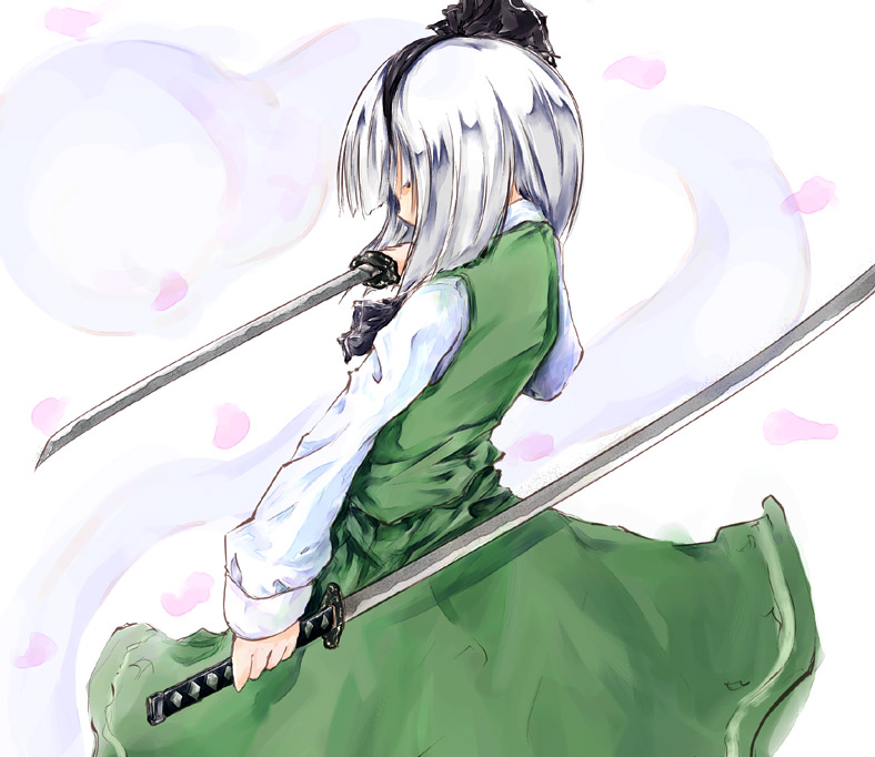 dual_wielding hitodama konpaku_youmu konpaku_youmu_(ghost) ribbon silver_hair skirt solo sword touhou weapon