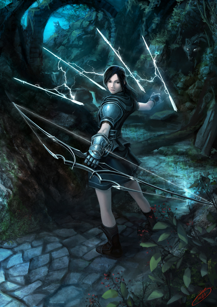 akito armor arrow black_hair boots bow_(weapon) brown_eyes electricity forest gauntlets glowing glowing_eyes nature night okita path weapon wolf