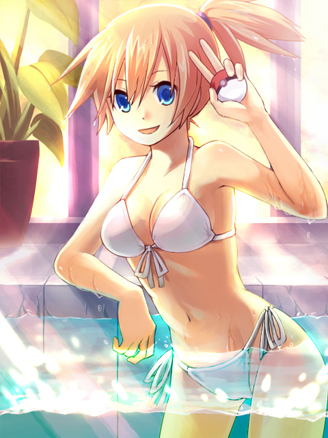 1girl bikini blue_eyes front-tie_top gym_leader holding holding_poke_ball kasumi_(pokemon) open_mouth orange_hair poke_ball pokemon shiramori_yuse side-tie_bikini side_ponytail smile solo string_bikini sunbeam sunlight swimsuit wading water yuse