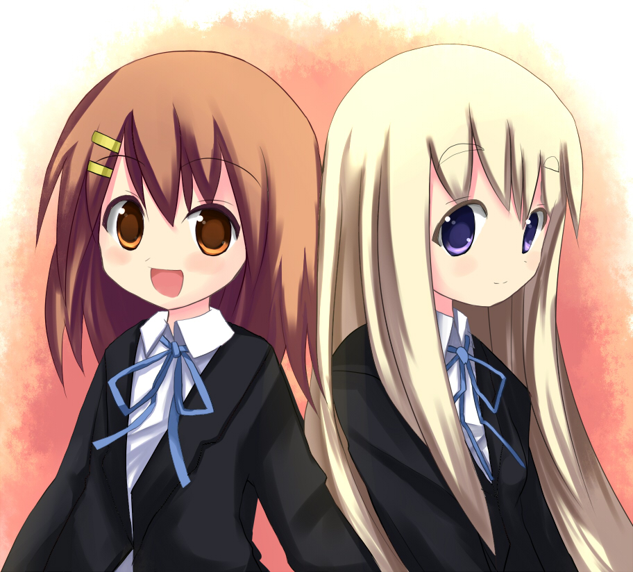 blonde_hair brown_eyes brown_hair hirasawa_yui k-on! kotobuki_tsumugi long_hair multiple_girls purple_eyes school_uniform tsunono violet_eyes