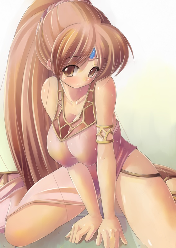 blush breasts brown_eyes brown_hair cleavage dress fire_emblem fire_emblem:_mystery_of_the_emblem fire_emblem_mystery_of_the_emblem fire_emblem_shadow_dragon kourourin large_breasts linda_(fire_emblem) linda_(fire_emblem_mystery_of_the_emblem) long_hair sitting very_long_hair