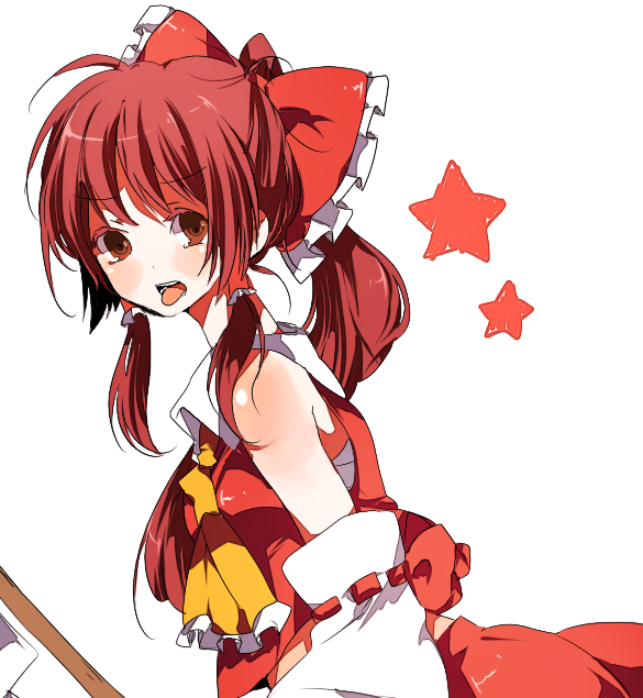 bad_id bow brown_eyes brown_hair detached_sleeves gohei hair_bow hakurei_reimu japanese_clothes miko ponytail ren_(zero_second) sarashi star tongue touhou