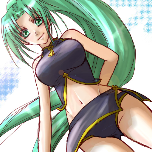 china_dress chinadress chinese_clothes from_below green_eyes green_hair higurashi_no_naku_koro_ni hishou_kotatsu low_angle ponytail sonozaki_mion swimsuit