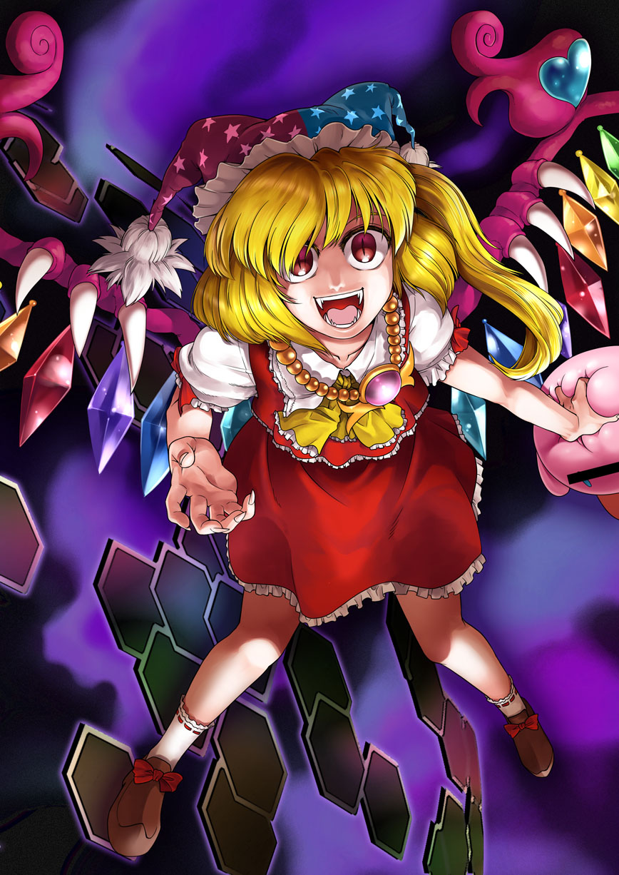 alternate_wings blonde_hair censored claws crazy crossover fangs flandre_scarlet fusion hat highres identity_censor jester_cap jester_hat kirby kirby_(series) marx marx_soul parody red_eyes remilia_scarlet solo spoilers touhou vampire wings