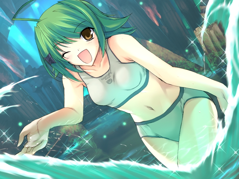 brown_eyes dutch_angle game_cg green_hair natsumi_cameron onigirikun panties pastel_chime pastel_chime_continue short_hair splash sports_bra underwear water wink