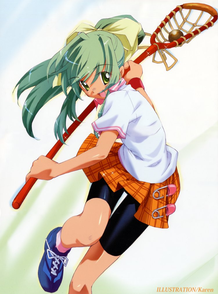 green_eyes green_hair lacrosse long_hair plaid plaid_skirt ponytail skirt tartan