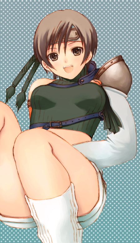 armor brown_eyes brown_hair final_fantasy final_fantasy_vii headband hijiri_ruka midriff open_mouth short_hair shorts sitting sleeveless sleeveless_turtleneck smile solo turtleneck yuffie_kisaragi