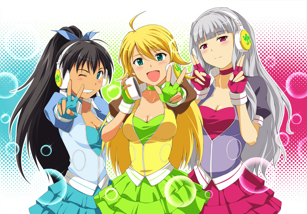 breasts choker cleavage fingerless_gloves ganaha_hibiki gloves headphones headphones_around_neck hoshii_miki idolmaster long_hair nishi_(count2.4) ponytail pop_sound_blossom shijou_takane smile v wink