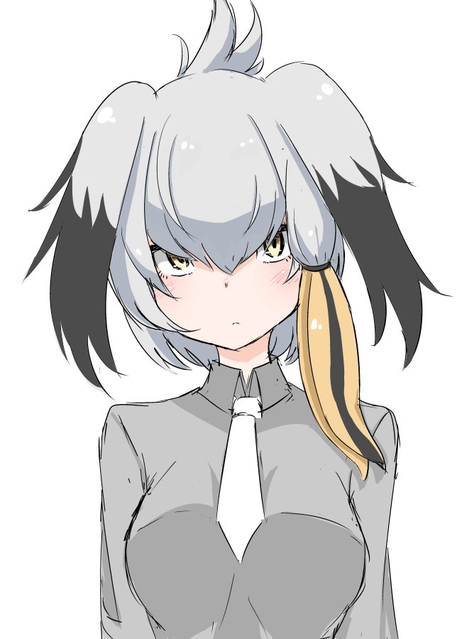 1girl blush breasts closed_mouth collared_shirt commentary folded_ponytail grey_hair grey_shirt head_wings kemono_friends long_sleeves looking_at_viewer malice_stella medium_breasts multicolored_hair necktie shirt shoebill_(kemono_friends) side_ponytail simple_background solo upper_body white_background white_neckwear wing_collar yellow_eyes