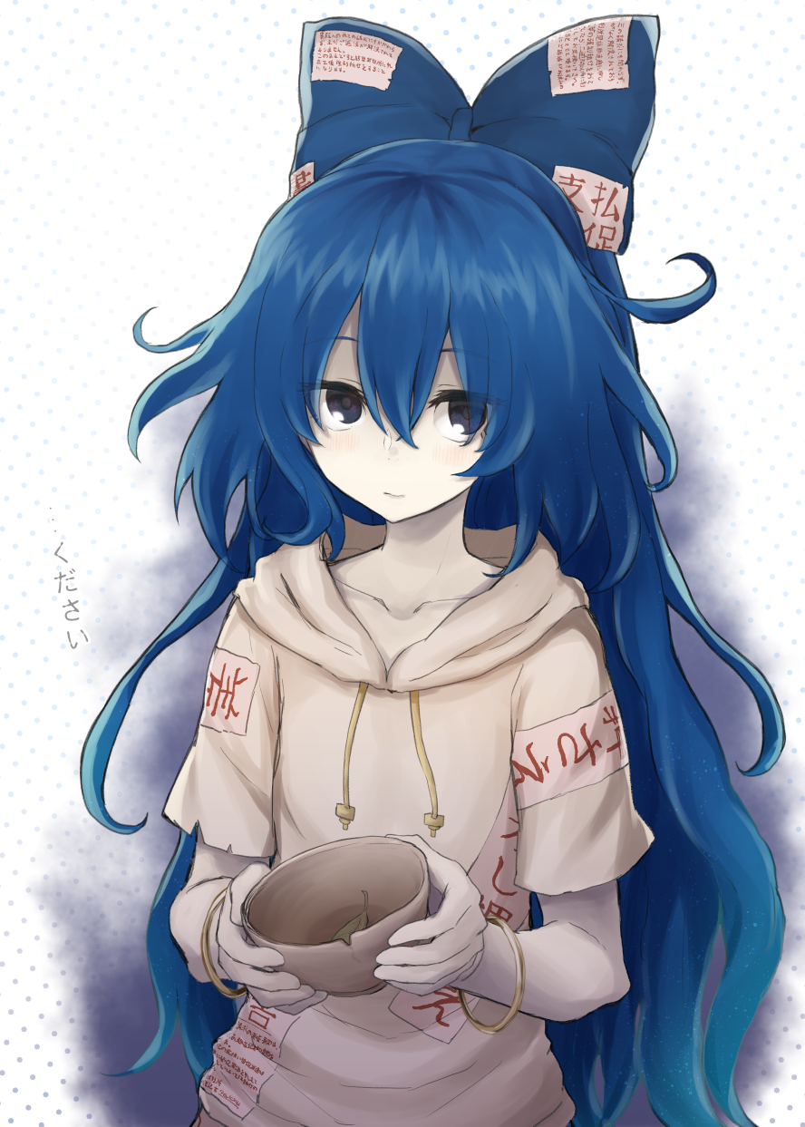 1girl bangle blue_bow blue_eyes blue_hair bow bowl bracelet collarbone damaged drawstring eyebrows_visible_through_hair hair_between_eyes hair_bow highres holding holding_bowl hood hoodie jewelry leaf long_hair looking_at_viewer mirino ofuda simple_background smile solo touhou very_long_hair yorigami_shion