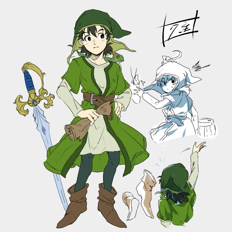 /\/\/\ 1boy arm_up belt black_eyes black_hair boots brown_footwear chameleon dragon_quest dragon_quest_vii facing_away grey_background hand_on_hip haru_hikoya holding long_sleeves looking_back male_focus multiple_views simple_background standing sweat sword weapon