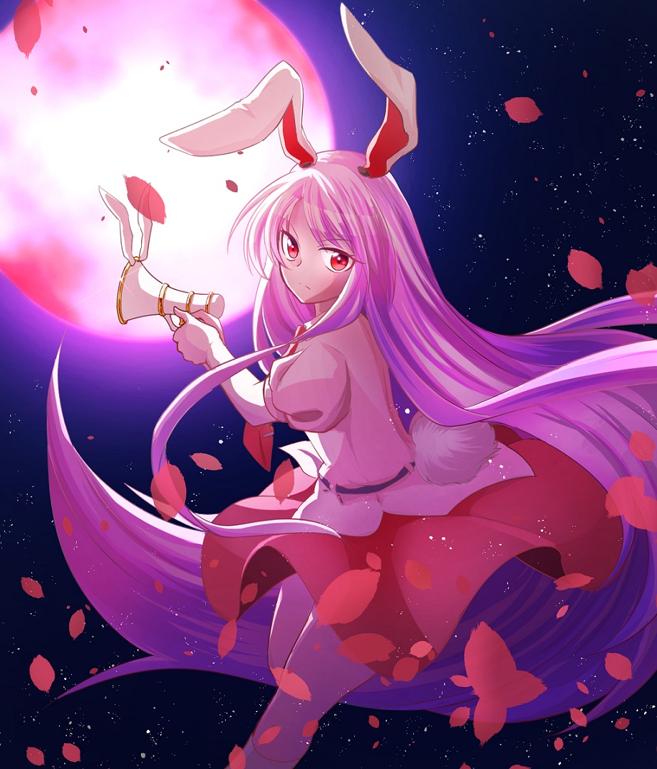 1girl absurdly_long_hair animal_ears aoijun bangs belt blouse bunny_tail cowboy_shot eyebrows_visible_through_hair feet_out_of_frame frown full_moon glint kneehighs leg_lift light_particles long_hair looking_at_viewer looking_back lunatic_gun moon necktie night night_sky outdoors petals pink_blouse puffy_short_sleeves puffy_sleeves purple_hair rabbit_ears red_eyes red_moon red_neckwear red_skirt reisen_udongein_inaba shirt short_sleeves skirt sky solo standing standing_on_one_leg star_(sky) starry_sky tail touhou trigger_discipline tsurime untucked_shirt very_long_hair white_legwear wind wind_lift