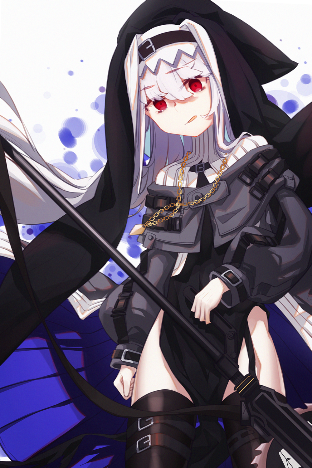 1girl arknights bangs black_capelet black_coat black_legwear blue_background capelet chinese_commentary circular_saw closed_mouth coat commentary_request cuicuijiao eyebrows_visible_through_hair habit hair_between_eyes highres holding holding_weapon jewelry licking_lips long_hair long_sleeves necklace pelvic_curtain red_eyes silver_hair solo specter_(arknights) thigh-highs thigh_strap tongue tongue_out weapon white_background