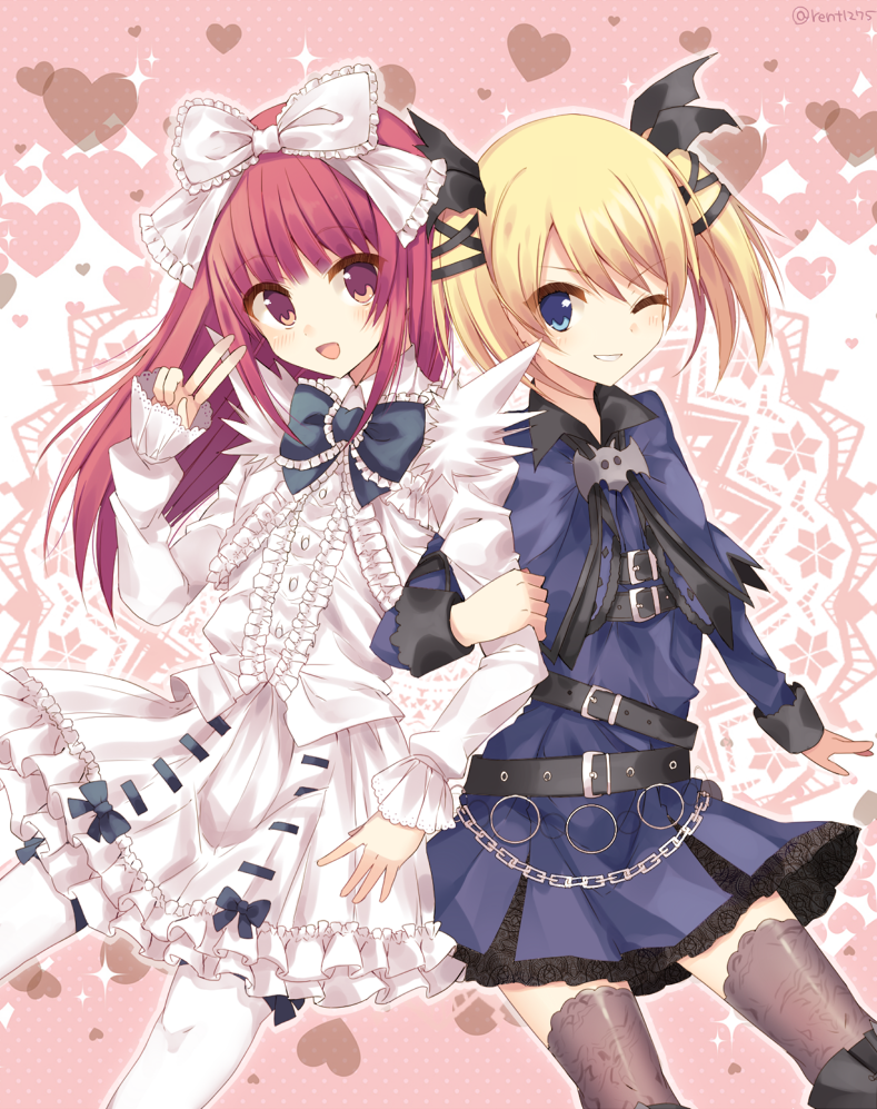 2girls :o bat_ornament belt black_bow black_footwear black_legwear black_ribbon blonde_hair blue_eyes bow casper_(deathsmiles) deathsmiles dress grin hair_bow hair_ornament heart heart_background long_hair long_sleeves looking_at_viewer multiple_girls one_eye_closed open_mouth purple_dress red_eyes redhead rento_(rukeai) ribbon short_hair smile sparkle sparkle_background thigh-highs v white_bow white_dress white_legwear windia_(deathsmiles)