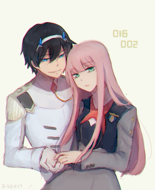 1boy 1girl benelle black_hair commentary couple darling_in_the_franxx eyebrows_visible_through_hair fringe gloves hair_ornament hairband hand_holding hetero hiro_(darling_in_the_franxx) horns long_hair looking_at_viewer military military_uniform necktie oni_horns pink_hair red_neckwear short_hair signature uniform white_gloves white_hairband zero_two_(darling_in_the_franxx)