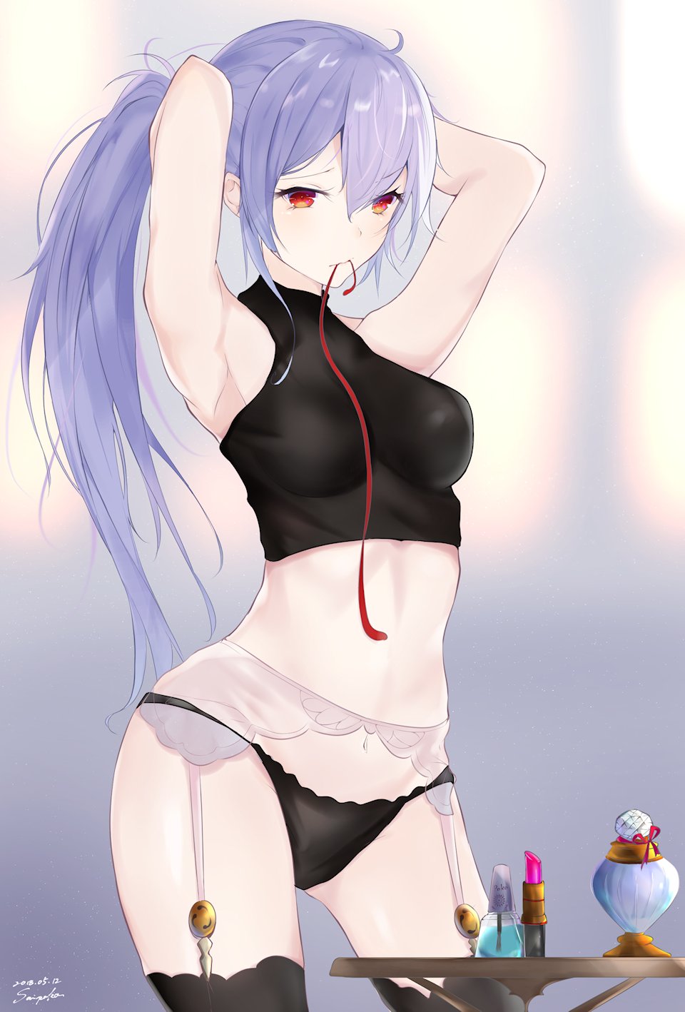 1girl adjusting_hair armpits arms_behind_head arms_up black_panties black_shirt bottle breasts fate/grand_order fate_(series) garter_straps hair_between_eyes highres lingerie lipstick_tube long_hair makeup medium_breasts midriff mouth_hold panties perfume_(cosmetics) perfume_bottle ponytail red_eyes ribbon ribbon_in_mouth sai_(saipoko) shirt silver_hair sleeveless sleeveless_shirt sleeveless_turtleneck solo table thigh-highs tomoe_gozen_(fate/grand_order) turtleneck tying_hair undershirt underwear