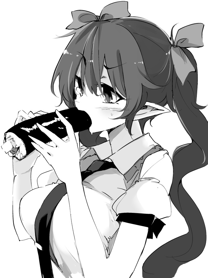 1girl bangs breasts collared_shirt commentary_request ehoumaki eyebrows_visible_through_hair food greyscale hair_ribbon himekaidou_hatate holding holding_food kamukamu_(ars) large_breasts long_hair makizushi monochrome necktie pointy_ears ribbon shirt short_sleeves solo sushi sweat touhou twintails upper_body wing_collar