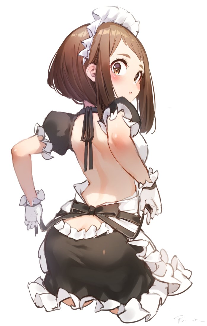 1girl :o alternate_costume apron ass back backless_outfit bare_back black_bow blush boku_no_hero_academia bow breasts brown_eyes butt_crack cropped_legs eyebrows frilled_skirt frilled_sleeves frills gloves hakura_kusa looking_at_viewer looking_back maid maid_apron maid_headdress open_mouth puffy_short_sleeves puffy_sleeves short_hair short_sleeves signature simple_background skirt uraraka_ochako white_background