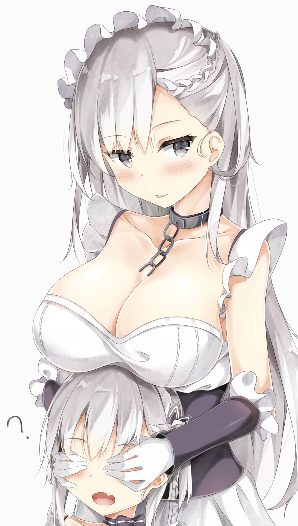1girl 2girls :p ? apron azur_lane bangs belfast_(azur_lane) blue_eyes blush braid breasts chains choker cleavage collar collarbone covering_eyes dress eyebrows_visible_through_hair french_braid frilled_gloves frills gloves hair_between_eyes highres large_breasts long_hair looking_at_viewer maid maid_headdress multiple_girls open_mouth sidelocks silver_hair simple_background smile solo sunoril tongue tongue_out white_background white_gloves younger