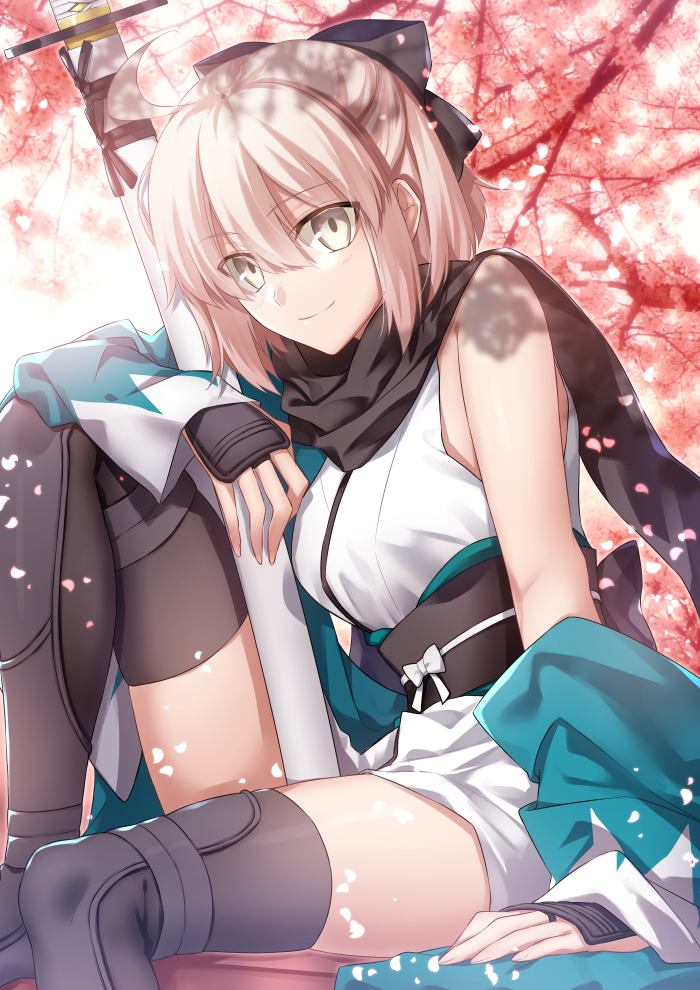 breasts cherry_blossoms eyes eyes_visible_through_hair fate/grand_order fate_(series) haori japanese_clothes katana looking_at_viewer nina_(pastime) okita_souji_(fate) scarf smile solo sword thighs tree weapon