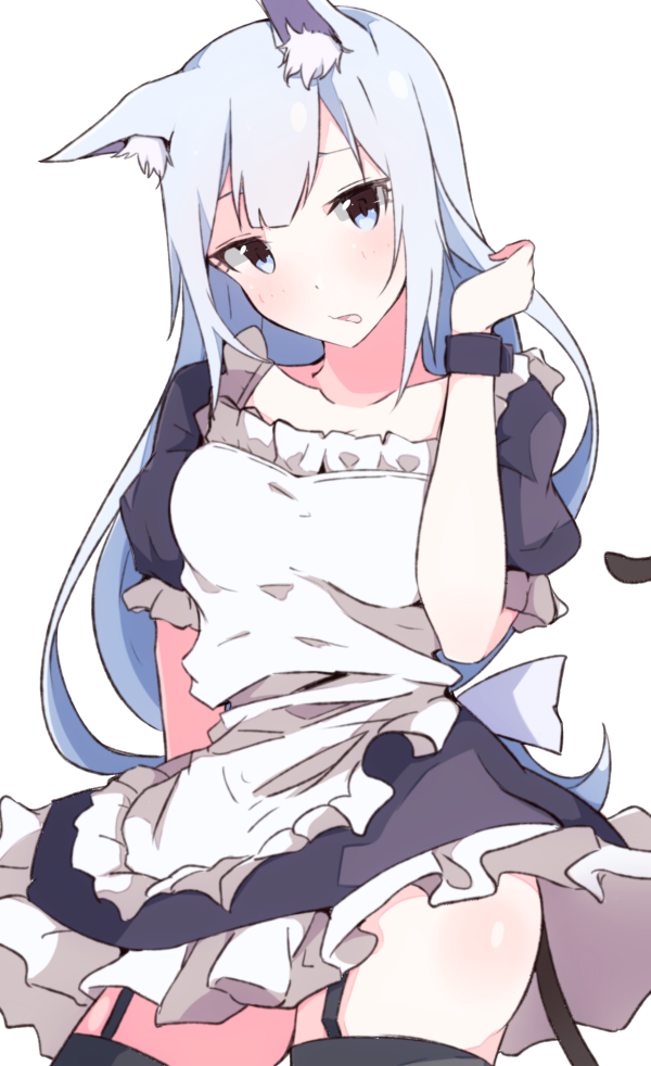 1girl animal_ears apron bangs black_dress black_legwear blue_eyes blue_hair blush cat_ears cat_tail cowboy_shot dress enelis frilled_apron frills garter_straps head_tilt idolmaster idolmaster_million_live! idolmaster_million_live!_theater_days long_hair looking_at_viewer maid_apron parted_lips puffy_short_sleeves puffy_sleeves shiraishi_tsumugi short_sleeves simple_background solo tail tail_raised thigh-highs very_long_hair white_apron white_background wrist_cuffs