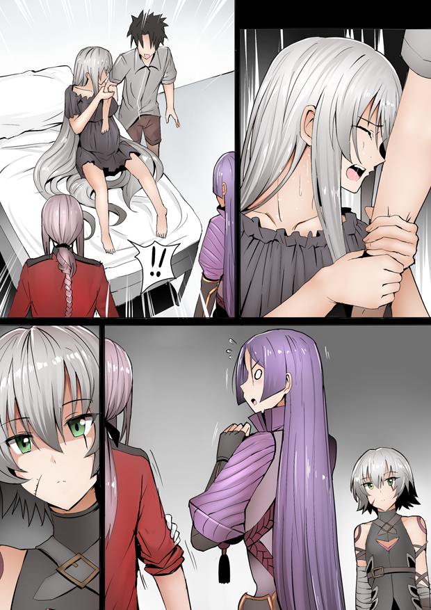 !! 1boy 4girls arm_grab bed comic commentary_request dress emphasis_lines faceless faceless_male facial_scar fate/grand_order fate_(series) florence_nightingale_(fate/grand_order) fujimaru_ritsuka_(male) ginhaha green_eyes hair_between_eyes jeanne_d'arc_(alter)_(fate) jeanne_d'arc_(fate)_(all) long_hair minamoto_no_raikou_(fate/grand_order) multiple_girls o_o open_mouth pregnant purple_hair rolling_sleeves_up scar shaded_face short_hair silent_comic silver_hair sitting very_long_hair
