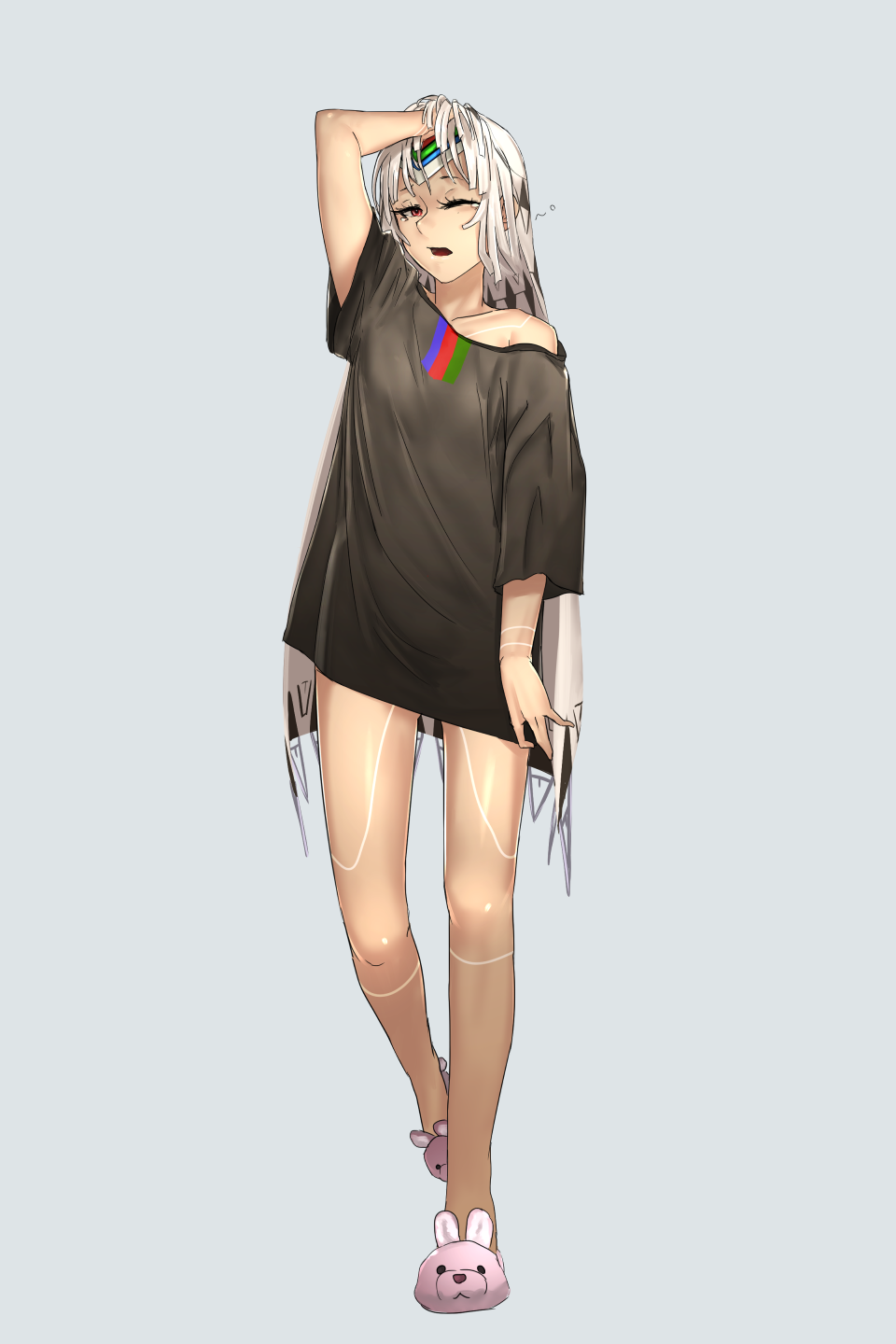 1girl altera_(fate) black_shirt breasts dark_skin fate/grand_order fate_(series) full_body full_body_tattoo hand_in_hair headband highres i-pan looking_at_viewer off-shoulder_shirt one_eye_closed open_mouth red_eyes shirt short_hair short_sleeves simple_background slippers small_breasts solo tattoo veil white_hair yawning