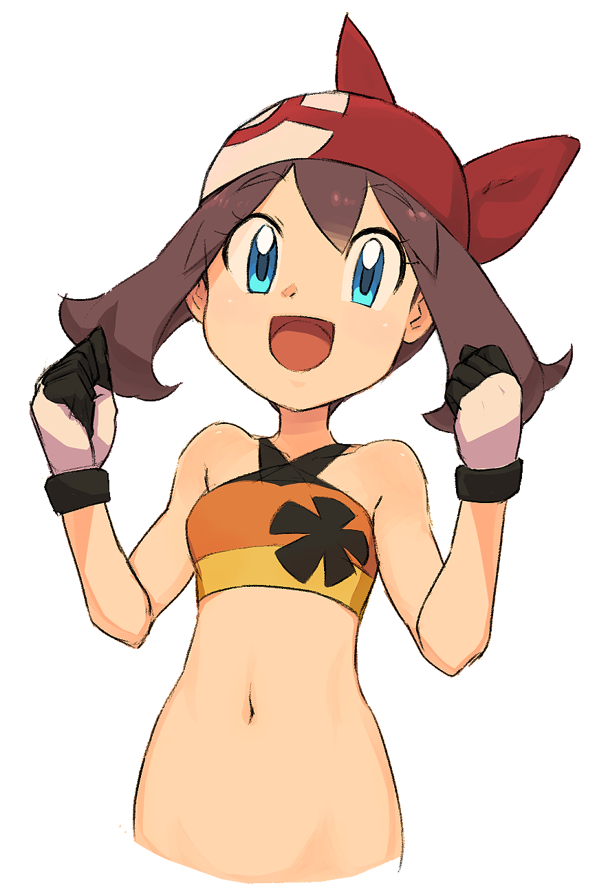 1girl :d alternate_costume bandanna bangs bare_shoulders bikini blue_eyes brown_hair clenched_hands eyebrows eyebrows_visible_through_hair eyelashes floral_print gloves groin hair_between_eyes hands_up haruka_(pokemon) highres long_hair multicolored multicolored_bikini multicolored_clothes multicolored_gloves nyonn24 open_mouth poke_ball_theme pokemon pokemon_(game) pokemon_rse pokemon_sm simple_background smile solo swimsuit white_background