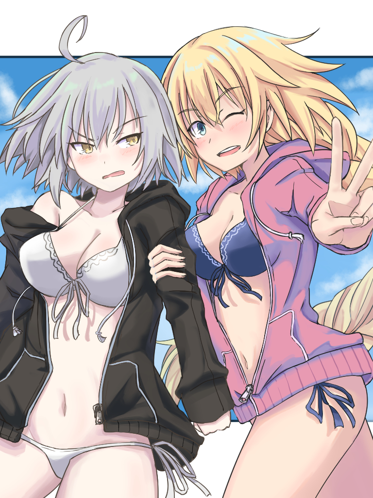 2girls ahoge black_jacket blonde_hair blue_eyes blue_swimsuit braid breasts collarbone fate/grand_order fate_(series) jacket jeanne_d'arc_(alter)_(fate) jeanne_d'arc_(fate) jeanne_d'arc_(fate)_(all) large_breasts looking_at_another looking_at_viewer multiple_girls navel one_eye_closed open_clothes open_jacket open_mouth outdoors pink_jacket silver_hair single_braid swimsuit v white_swimsuit yellow_eyes yuuka_(a0240765)