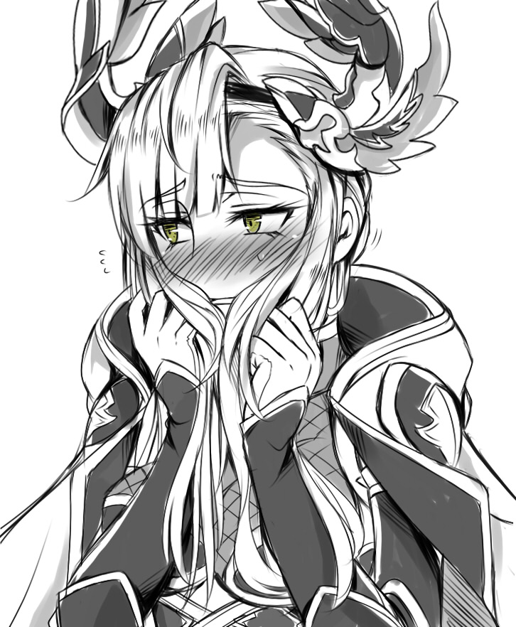 1girl bangs blush cape commentary_request embarrassed eyebrows_visible_through_hair eyes_visible_through_hair flying_sweatdrops gloves granblue_fantasy green_eyes greyscale long_hair long_sleeves looking_away monochrome nose_blush sanmotogoroo solo song_(granblue_fantasy) spot_color upper_body