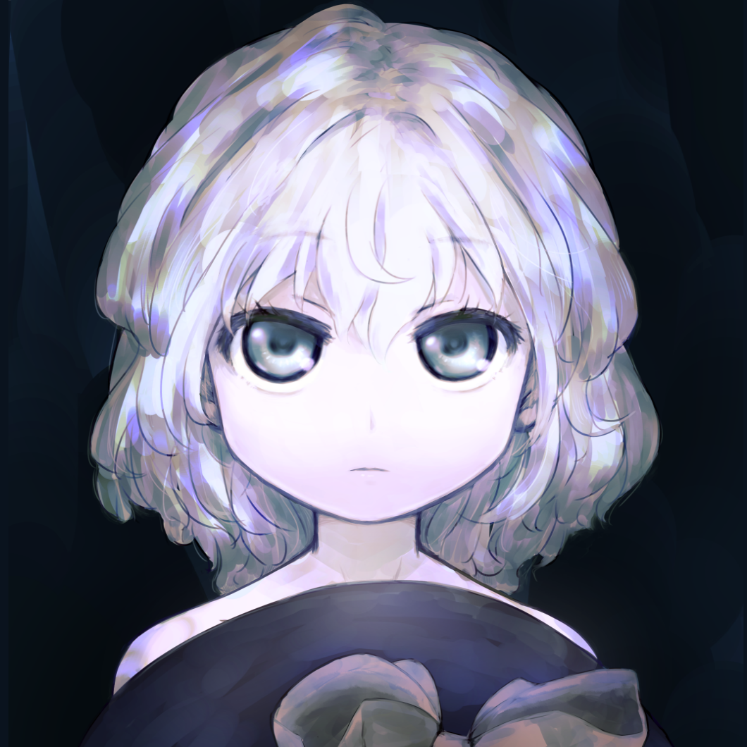 1girl bare_shoulders black_background black_hat bow closed_mouth commentary_request eyebrows_visible_through_hair green_eyes hair_between_eyes hat hat_bow hat_removed headwear_removed komeiji_koishi looking_at_viewer portrait shirosato short_hair silver_hair solo touhou