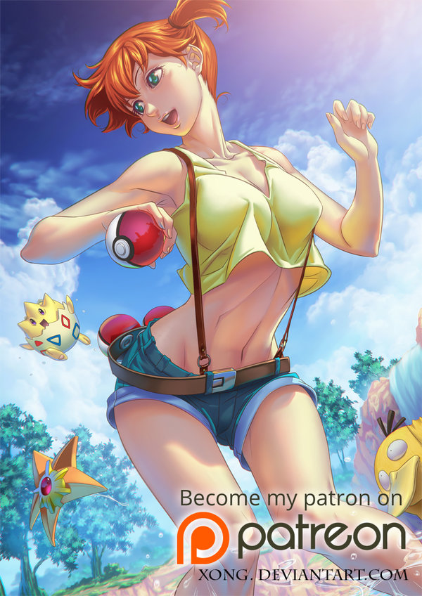 1girl :d bare_arms bare_shoulders blue_eyes breasts clouds crop_top denim denim_shorts gen_1_pokemon gen_2_pokemon holding holding_poke_ball kasumi_(pokemon) legs midriff navel open_mouth orange_hair poke_ball pokemon pokemon_(anime) pokemon_(creature) psyduck short_hair shorts side_ponytail sky smile splashing starmie suspenders togepi tree water waterfall xong