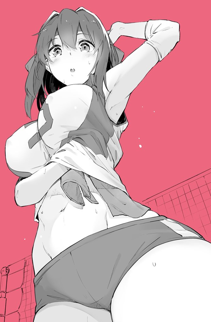 1girl :o arm_up armpits blush breasts buruma covered_nipples elbow_pads eyebrows_visible_through_hair flying_sweatdrops girls_und_panzer greyscale hair_between_eyes hand_under_clothes hand_under_shirt headband impossible_clothes impossible_shirt kondou_taeko large_breasts looking_at_viewer looking_down monochrome muteki_soda navel pink_background shirt shirt_lift short_hair simple_background sleeveless sleeveless_shirt solo sportswear spot_color sweat towel volleyball_net volleyball_uniform wiping_sweat