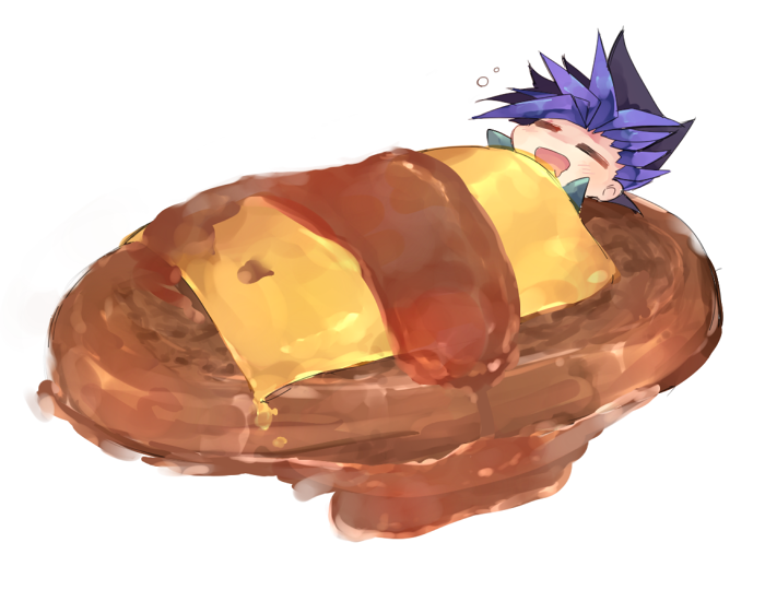 1boy black_hair blue_hair cheese chibi closed_eyes food lying multicolored_hair on_back open_mouth pancake rento_(rukeai) smile solo spiky_hair yu-gi-oh! yuu-gi-ou_arc-v yuuto_(yuu-gi-ou_arc-v)