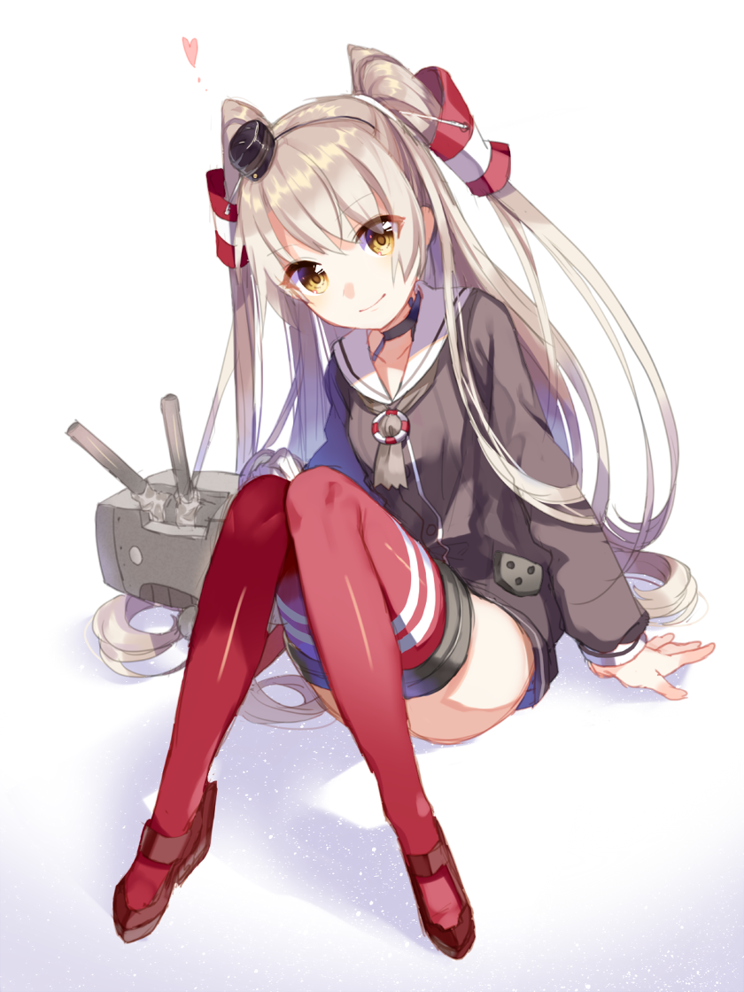 1girl amatsukaze_(kantai_collection) arm_support bangs black_shirt collarbone eyebrows_visible_through_hair full_body hair_between_eyes hair_tubes head_tilt kantai_collection long_hair looking_at_viewer red_legwear rensouhou-kun shiny shiny_clothes shiny_hair shirt silver_hair simple_background sitting smile solo thigh-highs very_long_hair white_background yellow_eyes yusano