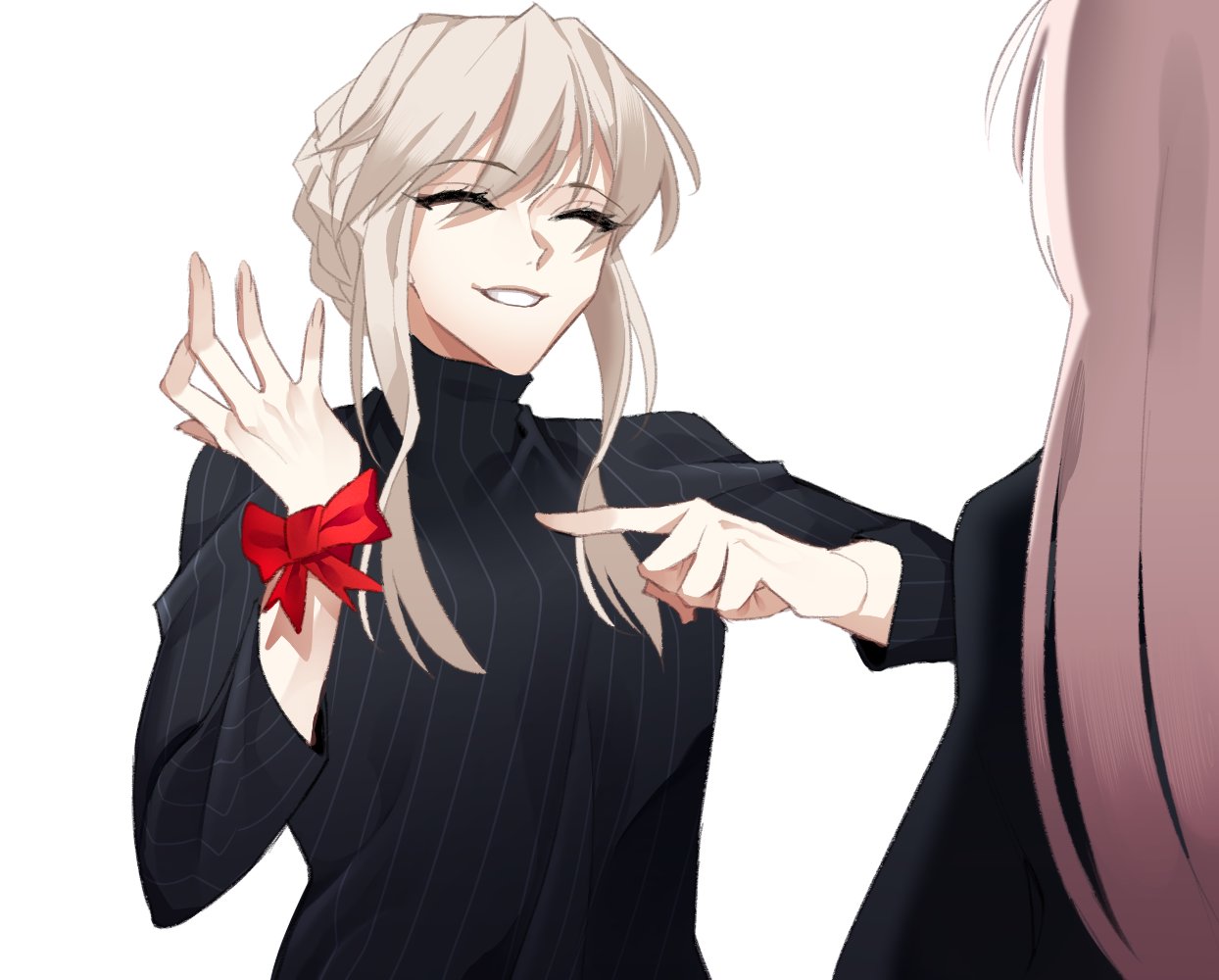 2girls artoria_pendragon_(all) artoria_pendragon_(lancer_alter) black_sweater bow check_commentary closed_eyes commentary_request facing_another fate/grand_order fate_(series) florence_nightingale_(fate/grand_order) grin hochikass korean_commentary long_hair long_sleeves multiple_girls pink_hair pointing pointing_at_self red_bow ribbed_sweater sidelocks smile sweater white_background