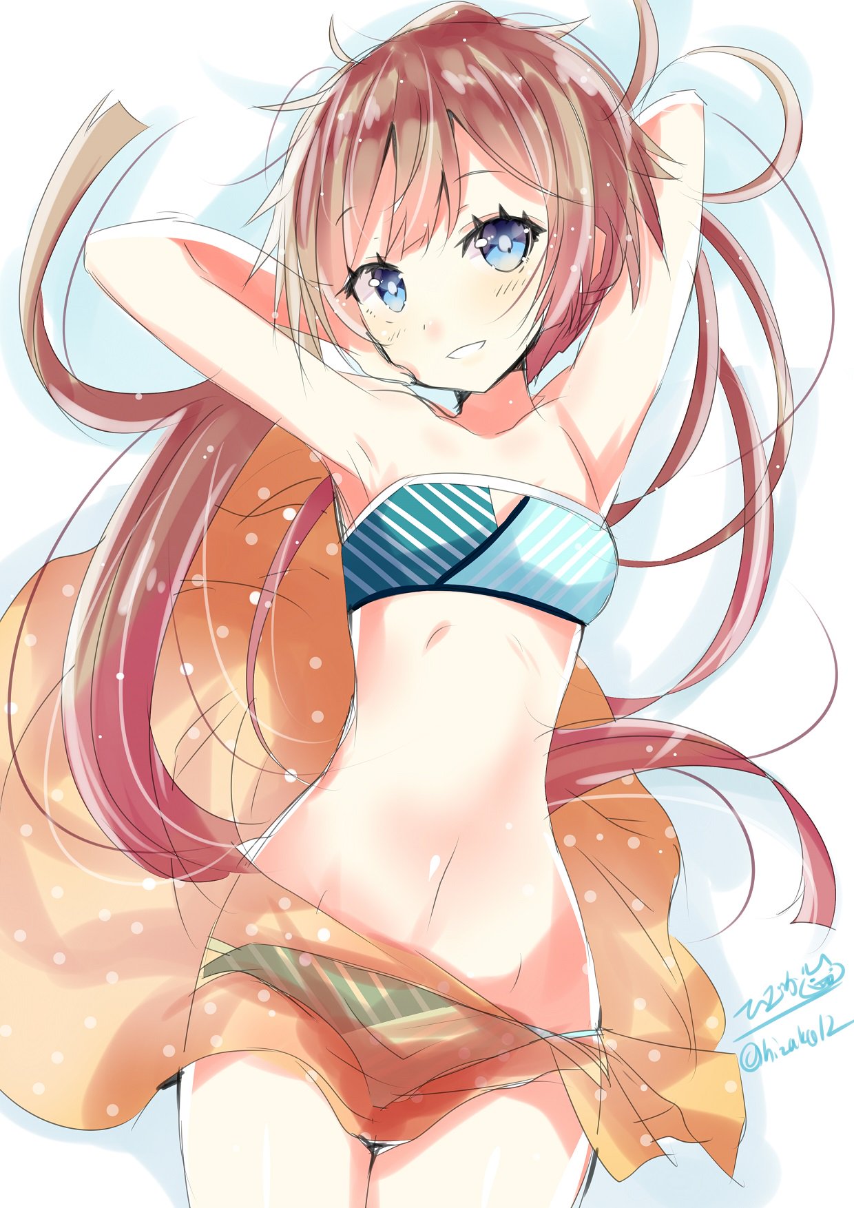 1girl blue_eyes blush breasts brown_hair closed_mouth eyebrows eyebrows_visible_through_hair highres hizaka kantai_collection kazagumo_(kantai_collection) long_hair looking_at_viewer multicolored multicolored_clothes multicolored_swimsuit ponytail remodel_(kantai_collection) shawl simple_background small_breasts smile solo swimsuit twitter_username white_background