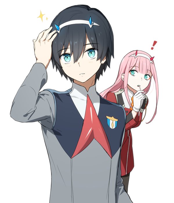 ! 1boy 1girl black_hair blue_eyes commentary_request couple darling_in_the_franxx eyebrows_visible_through_hair fringe gloves green_eyes hair_ornament hairband hand_on_hand hetero hiro_(darling_in_the_franxx) holding horns in_mouth long_hair military military_uniform necktie oni_horns orange_neckwear pink_hair red_horns red_neckwear short_hair toma_(norishio) uniform white_gloves white_hairband zero_two_(darling_in_the_franxx)