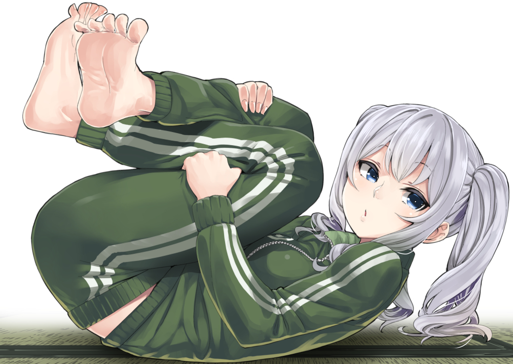 1girl bangs barefoot blue_eyes chestnut_mouth commentary_request eyebrows_visible_through_hair feet fingernails from_side full_body ifuji_shinsen jacket kantai_collection kashima_(kantai_collection) leg_hug legs_up long_hair long_sleeves looking_at_viewer lying on_back open_mouth pants sidelocks silver_hair solo tatami toes track_jacket track_pants track_suit twintails zipper