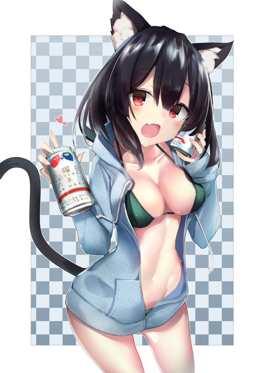 1girl :d animal_ears azur_lane bangs bikini bikini_under_clothes black_hair blue_hoodie blush breasts can cat_ears cat_girl cat_tail checkered checkered_background cleavage collarbone commentary_request drawstring eyebrows_visible_through_hair fang green_bikini groin hair_between_eyes harenchi heart highres holding holding_can hood hood_down hoodie large_breasts long_hair long_sleeves looking_at_viewer navel offering_drink open_clothes open_hoodie open_mouth red_eyes sleeves_past_wrists smile solo swimsuit tail tail_raised yamashiro_(azur_lane)