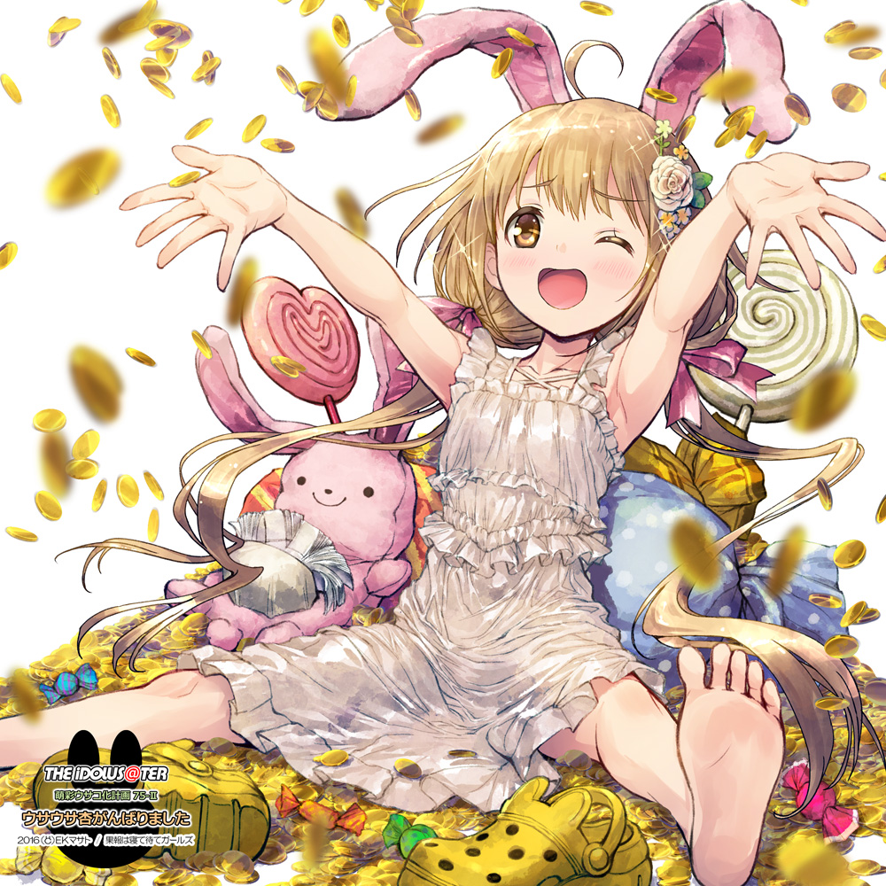 1girl ahoge animal_ears armpits arms_up barefoot blonde_hair blush brown_eyes candy coin collarbone commentary_request copyright_name crocs dress ek_masato eyebrows_visible_through_hair fake_animal_ears flower food footwear_removed frilled_dress frills futaba_anzu gold hair_flower hair_ornament idolmaster idolmaster_cinderella_girls lollipop long_hair low_twintails money one_eye_closed open_mouth oversized_object rabbit_ears sitting sleeveless sleeveless_dress smile soles solo stuffed_animal stuffed_bunny stuffed_toy swirl_lollipop twintails white_dress