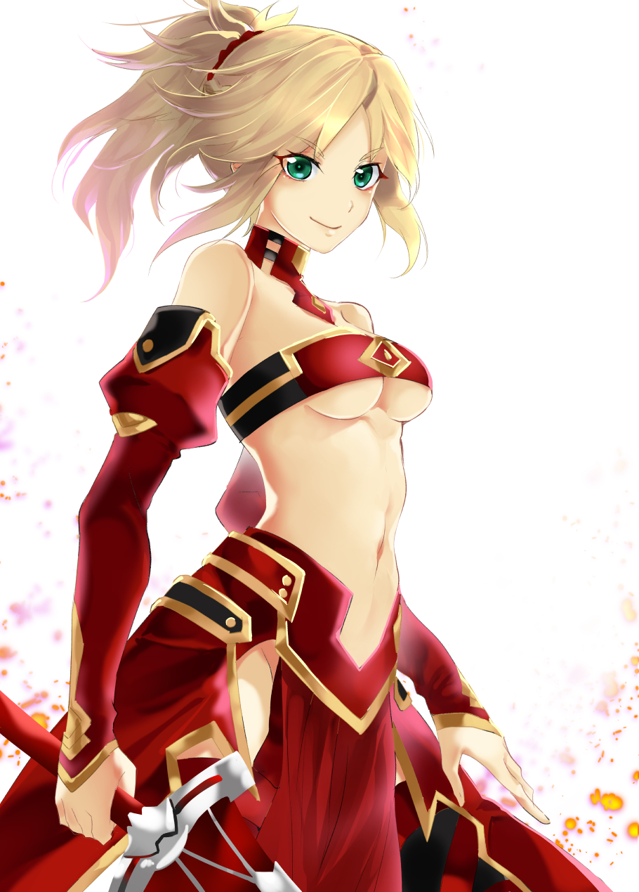 1girl annojou_haruto bandeau blonde_hair braid breasts clarent commentary_request cutoffs fate/apocrypha fate_(series) french_braid green_eyes hair_ornament hair_scrunchie highres holding holding_sword holding_weapon long_hair looking_at_viewer mordred_(fate) mordred_(fate)_(all) navel ponytail scrunchie smile solo surfboard sword under_boob weapon