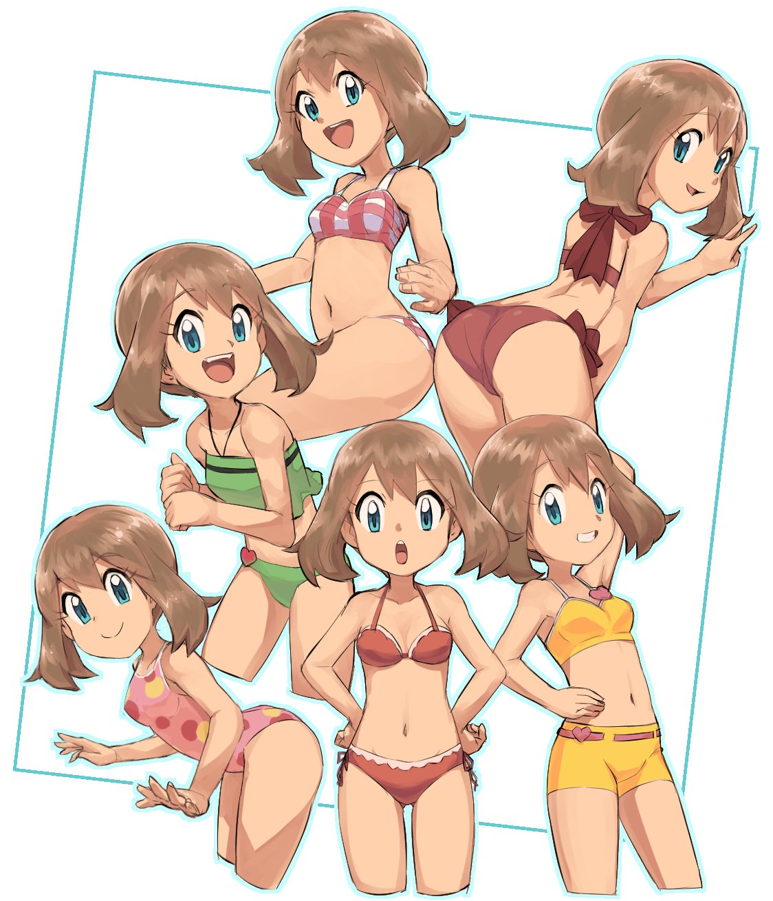 1girl armpits ass back blue_eyes brown_hair green_swimsuit haruka_(pokemon) highres hips multiple_views navel nyonn24 pink_swimsuit pokemon red_swimsuit stomach swimsuit swimwear tagme yellow_swimsuit