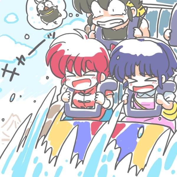 &gt;_&lt; 1boy 2girls bandanna chibi chinese_clothes dress hibiki_ryouga multiple_girls p-chan pink_dress ranma-chan ranma_1/2 roller_coaster saotome_ranma short_hair tendou_akane thought_bubble wantan-orz water