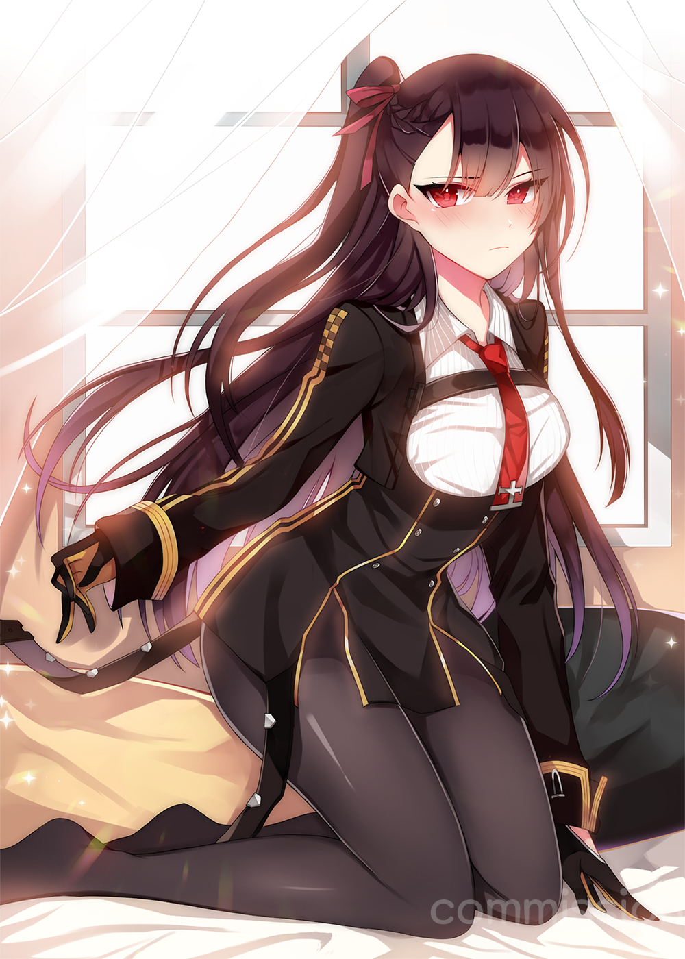 1girl bangs bed bed_sheet black_legwear black_skirt blazer blush braid breasts closed_mouth curtains day eyebrows_visible_through_hair framed_breasts french_braid girls_frontline gloves hair_ribbon half_updo highres indoors jacket kneeling large_breasts leaning_forward long_hair long_sleeves looking_at_viewer necktie no_shoes one_side_up pantyhose pelvic_curtain purple_hair red_eyes red_neckwear ribbon ritzin shirt sidelocks skirt solo sparkle striped striped_shirt tsundere tsurime very_long_hair wa2000_(girls_frontline) window