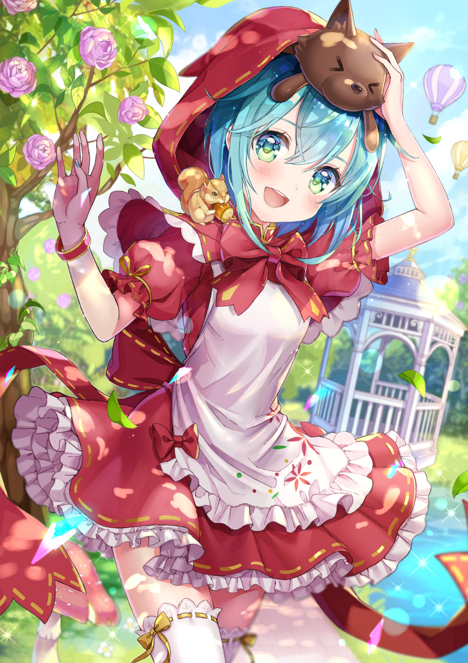 &gt;_&lt; 1girl :d aircraft alternate_hair_length alternate_hairstyle animal animal_on_shoulder apron aqua_eyes aqua_hair bangs blue_nails blush bow bowtie bracelet capelet commentary_request cosplay dress flower frilled_apron frilled_skirt frills gazebo hair_between_eyes hatsune_miku highres hot_air_balloon jewelry leaf little_red_riding_hood little_red_riding_hood_(grimm) little_red_riding_hood_(grimm)_(cosplay) looking_at_viewer mushroom nail_polish object_on_head official_art open_mouth pink_flower pink_rose red_dress red_hood red_neckwear red_ribbon ribbon ribbon-trimmed_legwear ribbon_trim rose sash shiori_(xxxsi) short_hair short_sleeves skirt smile solo squirrel stuffed_animal stuffed_toy stuffed_wolf thigh-highs vocaloid white_legwear