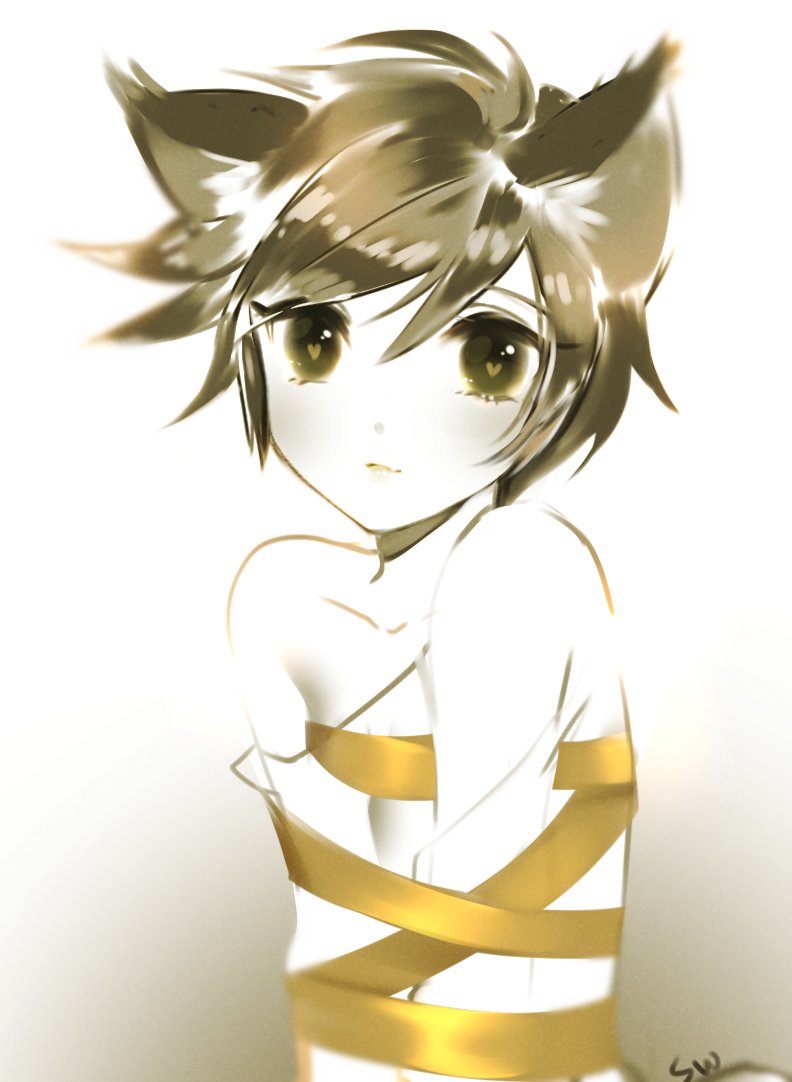 1girl animal_ears atobesakunolove blush brown_eyes brown_hair character_request closed_mouth gradient gradient_background grey_background heart heart-shaped_pupils kemonomimi_mode looking_at_viewer messy_hair monochrome naked_ribbon overwatch ribbon short_hair signature solo symbol-shaped_pupils upper_body