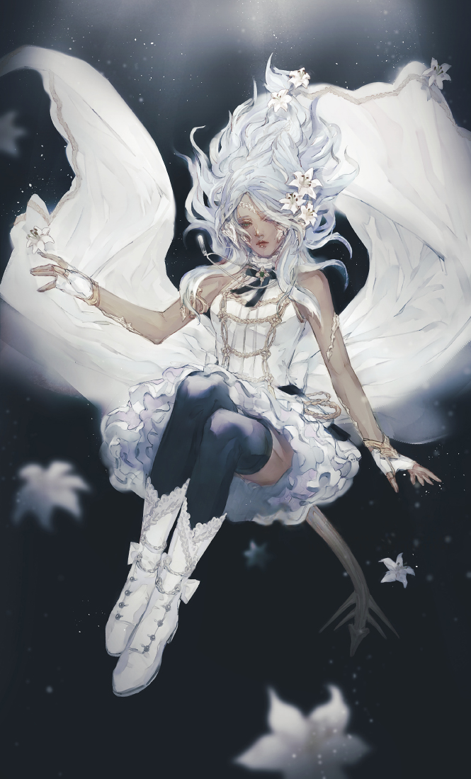 1girl au_ra black_legwear blue_eyes closed_mouth commission dragon_horns dragon_tail final_fantasy final_fantasy_xiv fingerless_gloves floating_hair flower frilled_skirt frills full_body gloves grey_background hair_flower hair_ornament horns lips long_hair looking_at_viewer lucia_(biblyoteka) md5_mismatch scales sitting skirt sleeveless solo tail thigh-highs white_hair